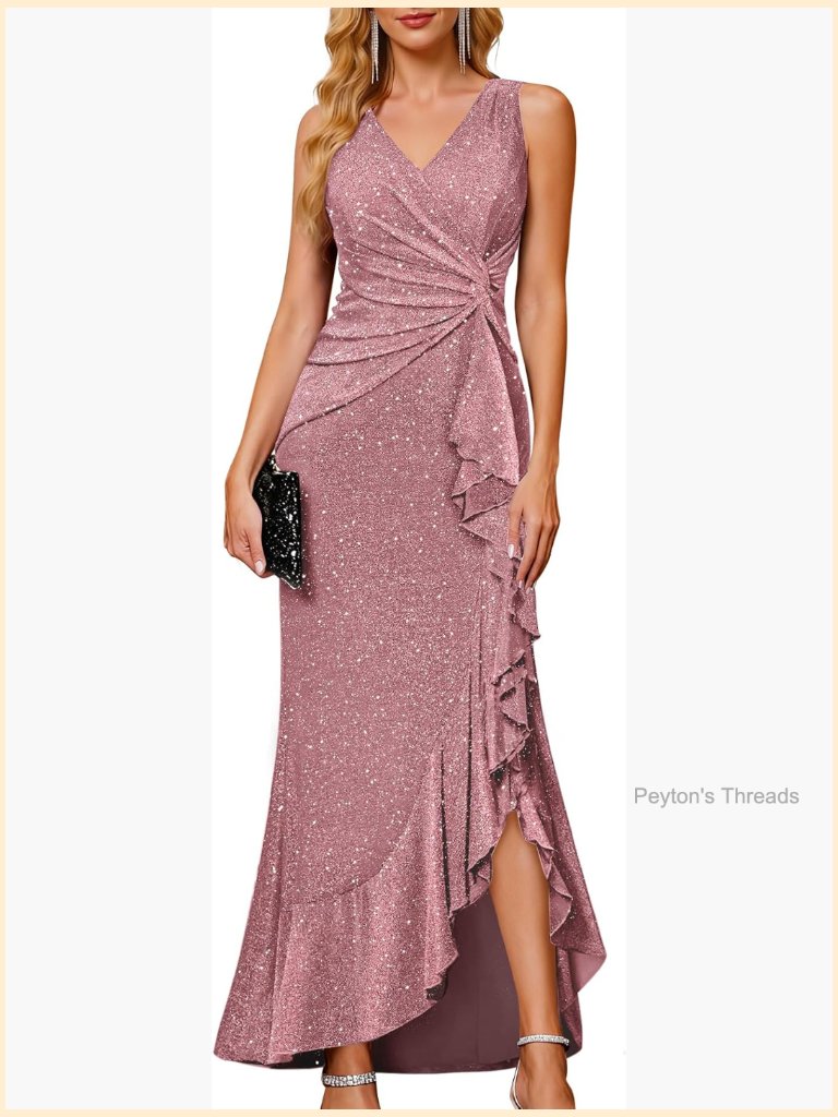 Sequined Wrap V-Neck Midi Formal Dress Ruffle Backless Sleeveless